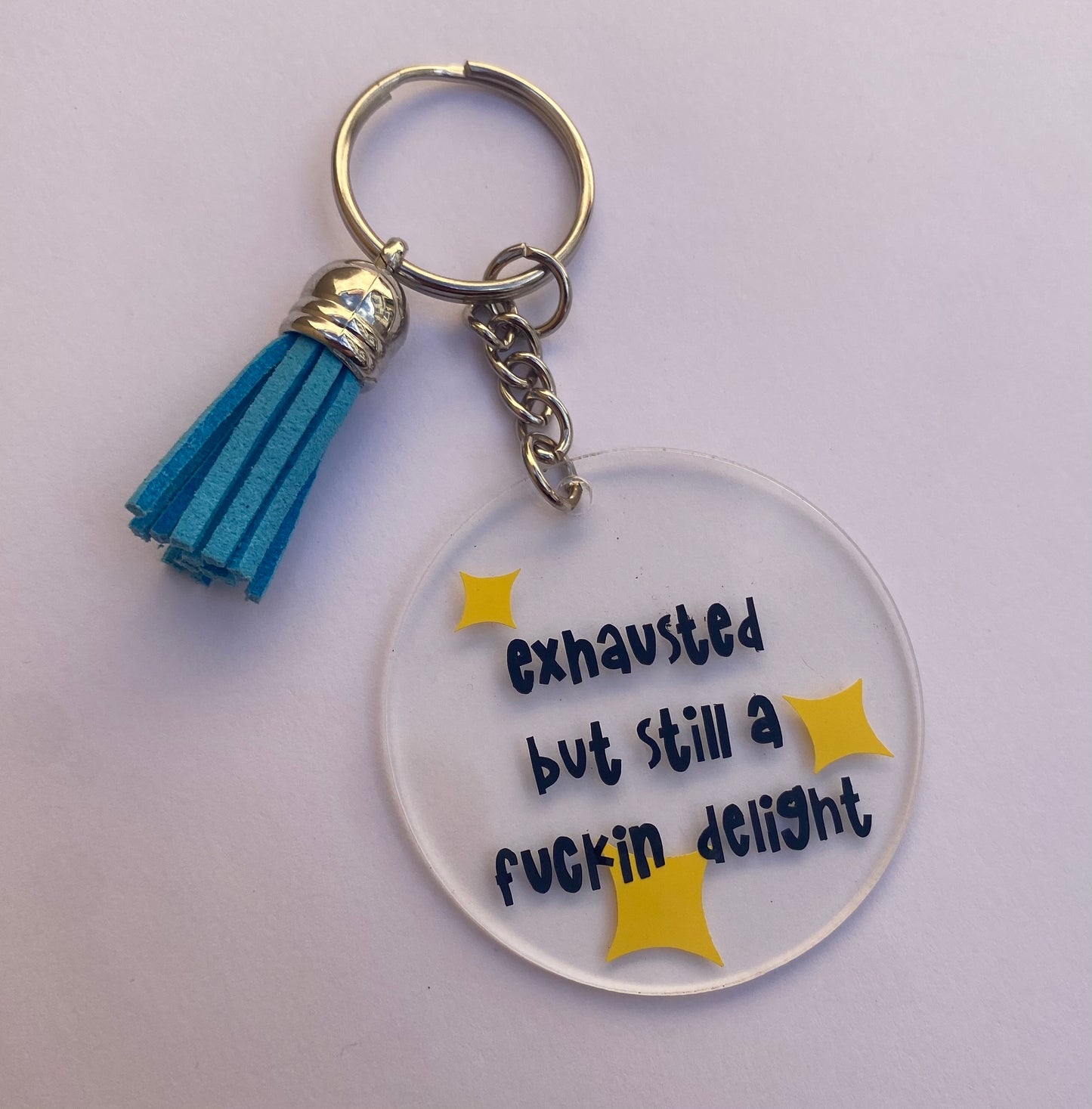 'EXHAUSTED DELIGHT' Acrylic Keyring With Tassel