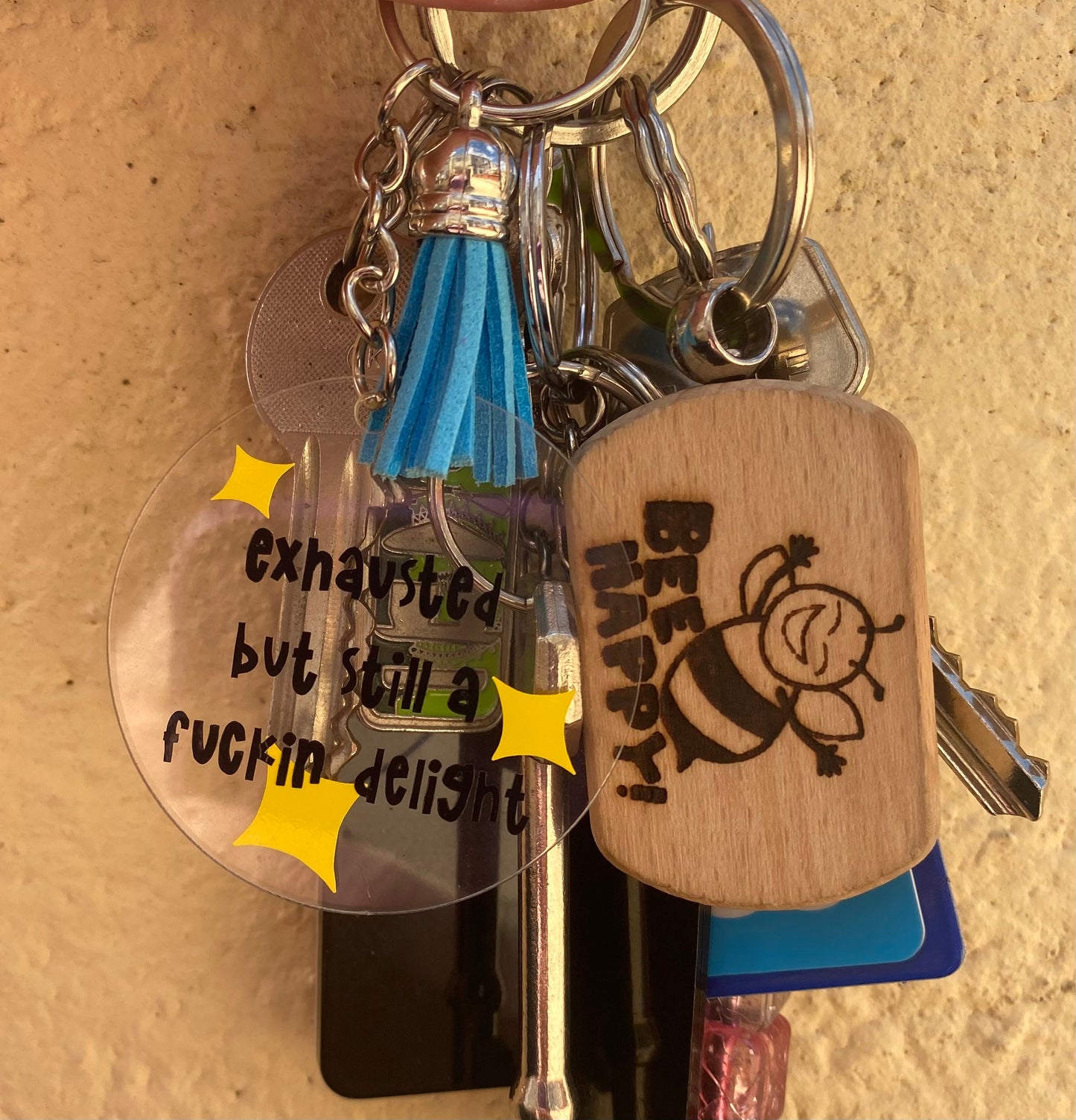 'EXHAUSTED DELIGHT' Acrylic Keyring With Tassel